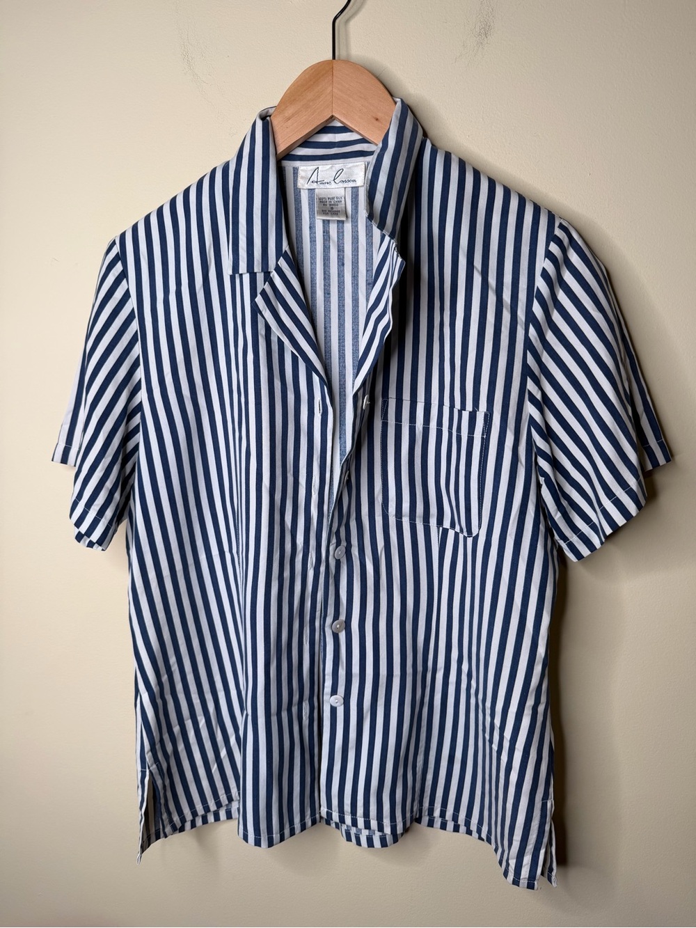 VTG Anne Carson 100% Silk Blue White striped Collared Button Up Blouse. Small